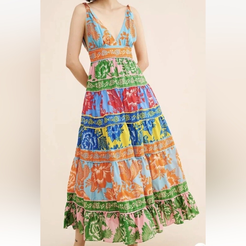 Farm Rio Sz Small Floral Garden Print Sleeveless Tiered Maxi Dress